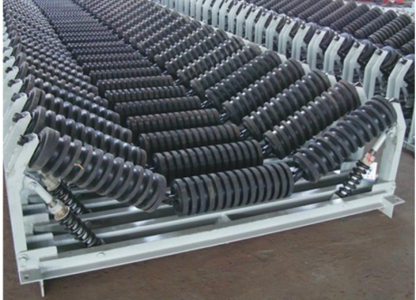 Impact idler rollers with rubber rings for belt protection